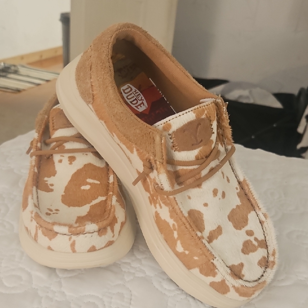 Hey Dude White and Brown Flats with Suede-Like Comfort